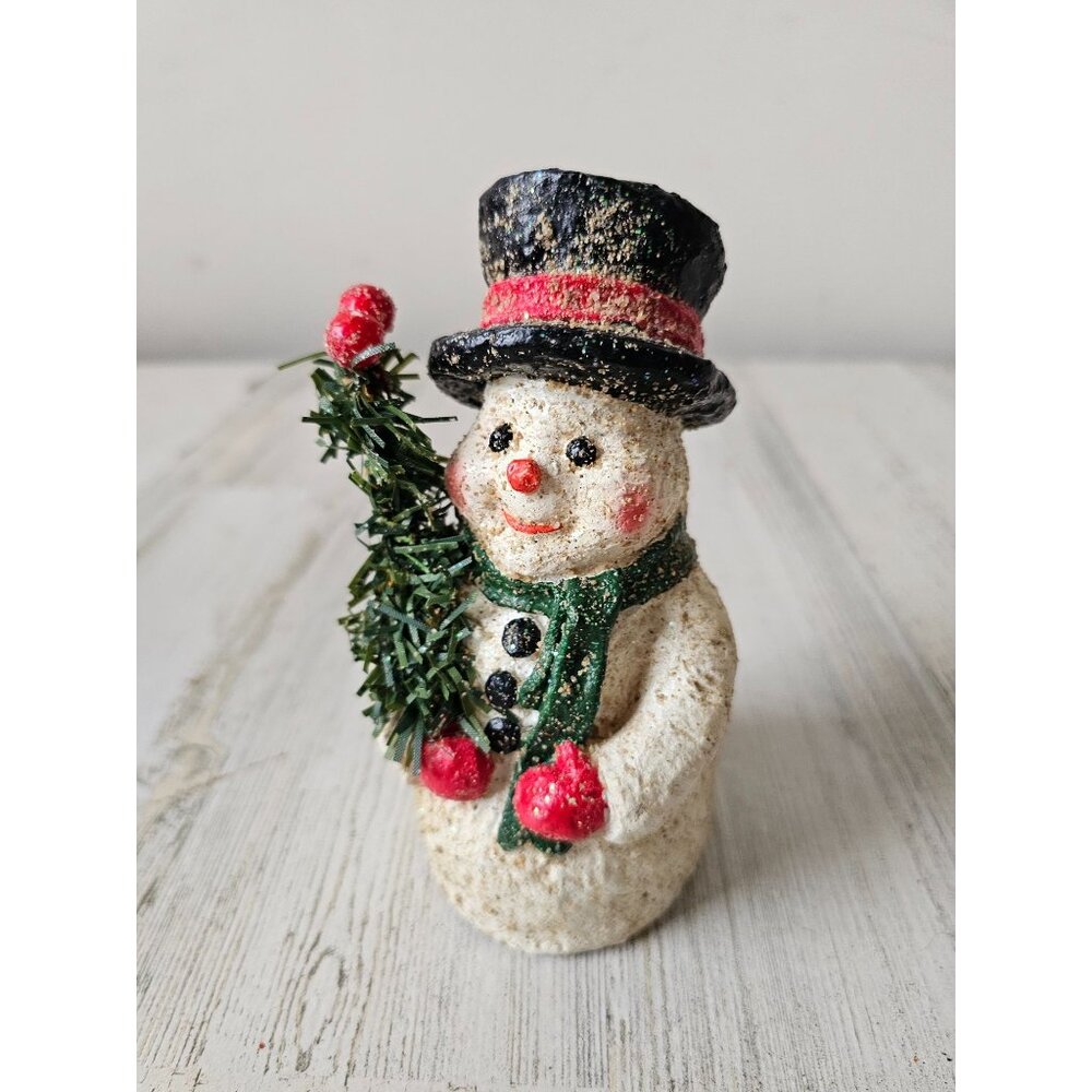 Vintage snowman flocked snow frosted tree Xmas decor